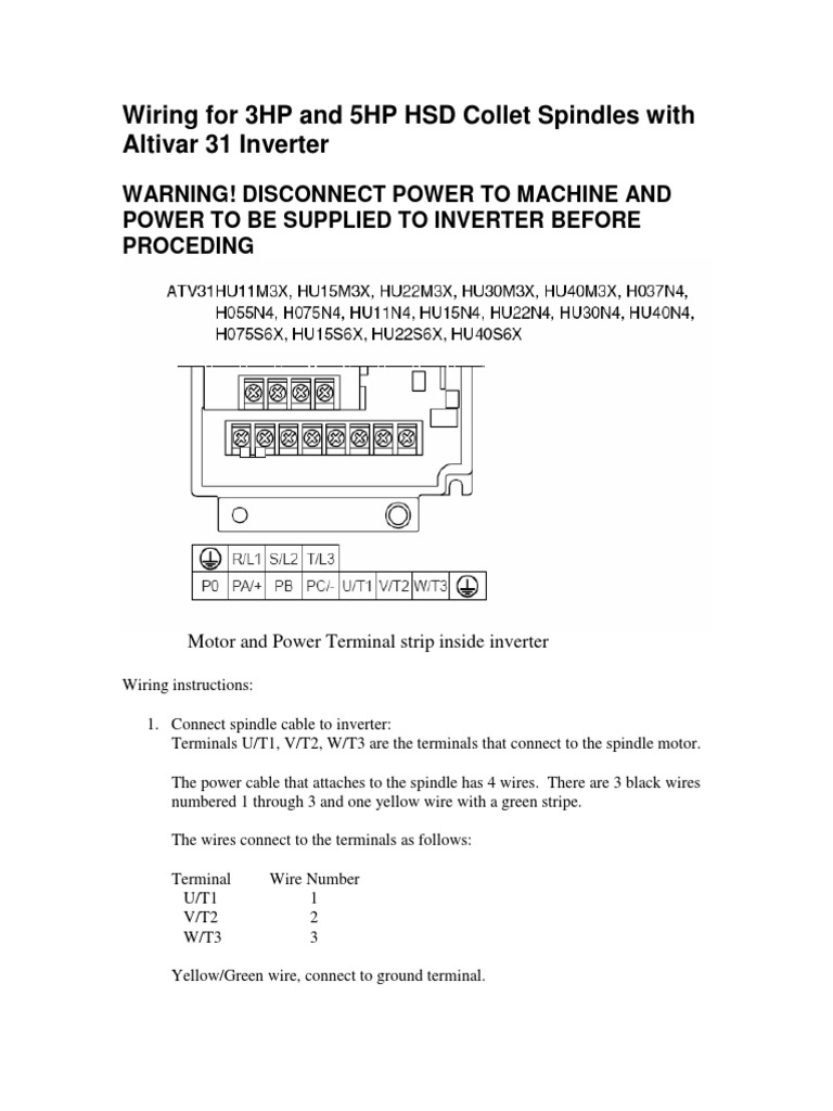 Wiring For 3HP and 5HP HSD Collet Spindles With Altivar 31 Inverter