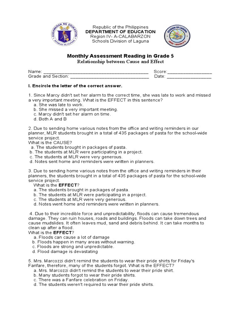 Monthly Assessment Reading in Grade 5: Relationship Between Cause and ...