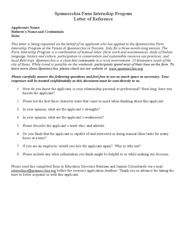 Spannocchia Farm Internship Reference Letter | PDF | Career & Growth