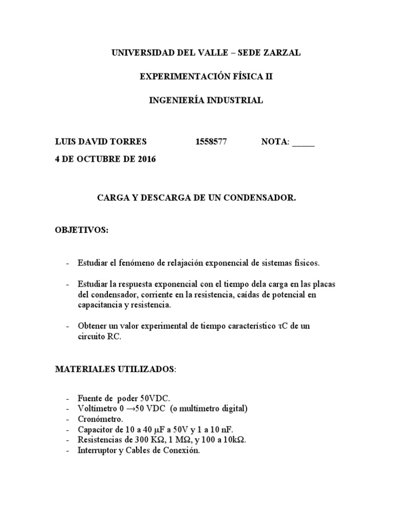 Carga y Descarga de Un Condensador PDF Condensador Red eléctrica