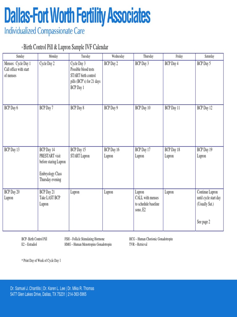 Birth Control Pill Lupron Sample IVF Calendar PDF Gonadotropin