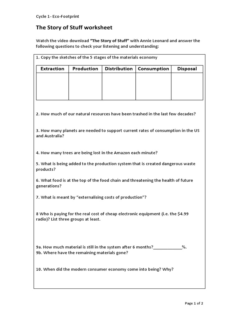 Story of Stuff Worksheet  PDF  Waste  Economy And The Environment Intended For The Story Of Stuff Worksheet