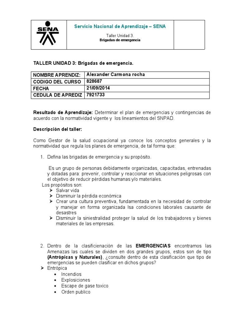 Brigadas de Emergencia: Taller SENA | PDF | Seguridad y salud ...