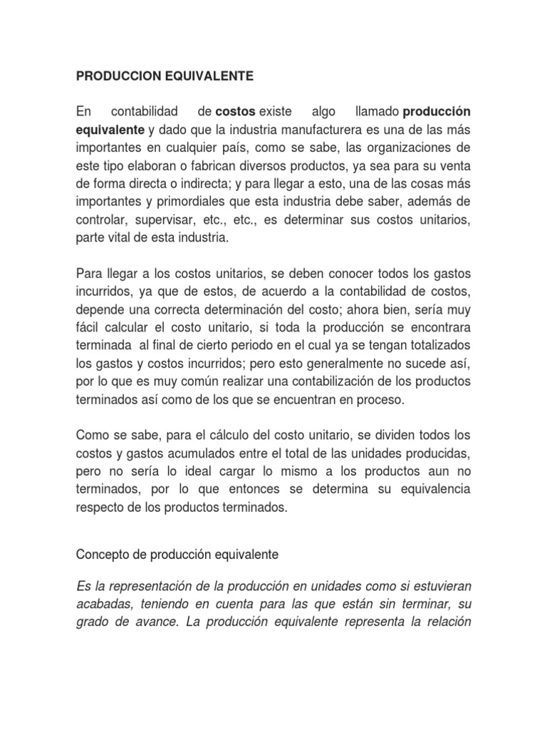 Produccion Equivalente | PDF | Contabilidad de costos | Costo