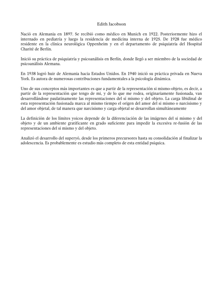 Vida y aportes de Edith Jacobson en psicología | PDF
