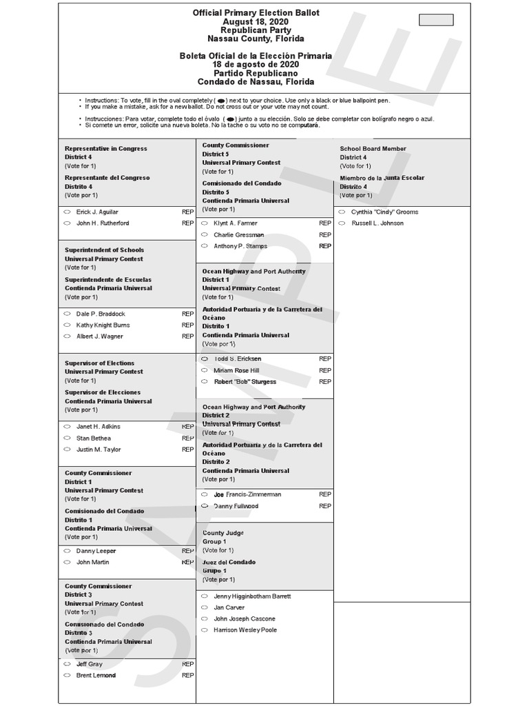 Nassau Aug. 18 2020 Republican Sample Ballot