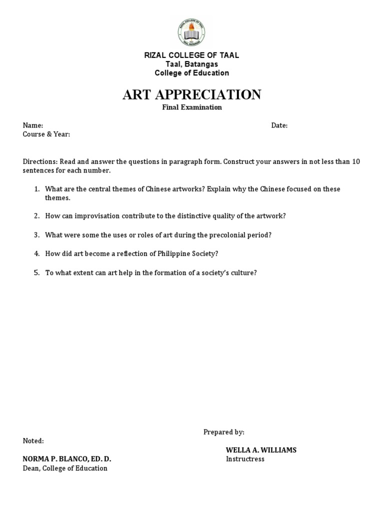 art appreciation final exam essay questions