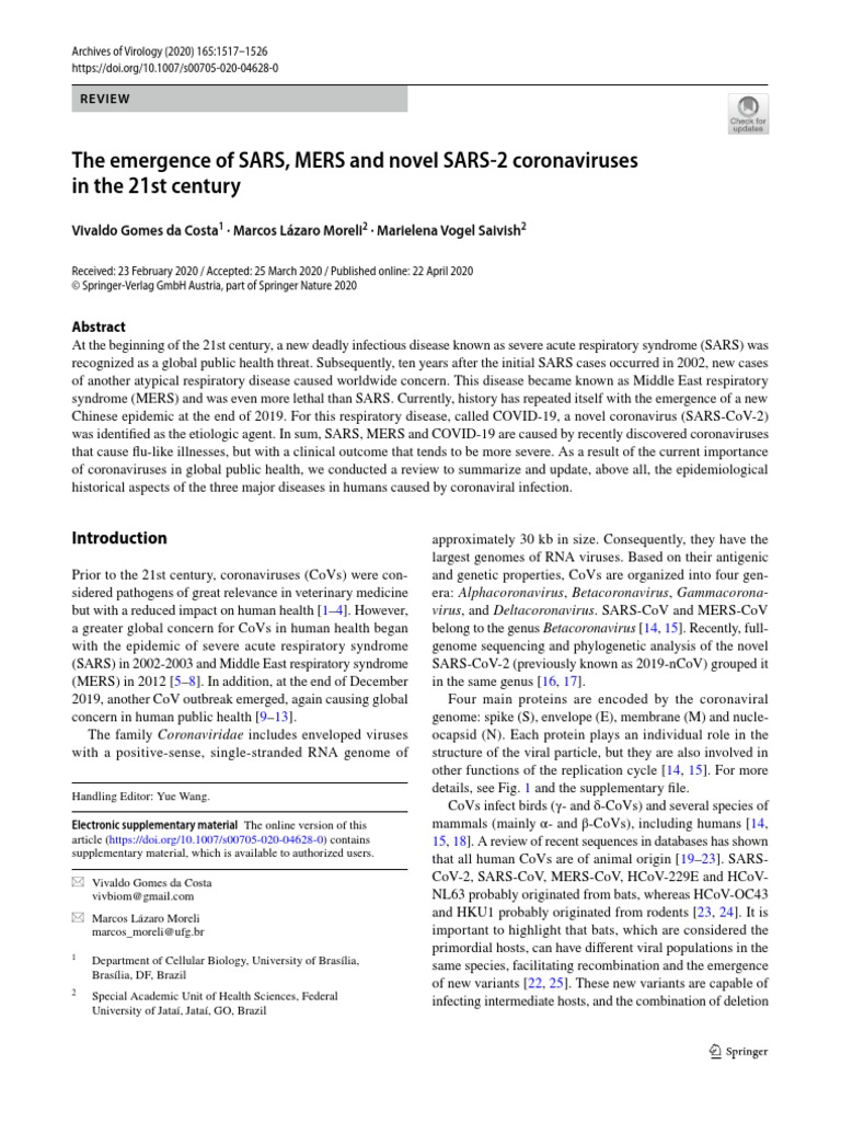 The Emergence of SARS, MERS and Novel SARS 2 Coronaviruses in The 21st ...