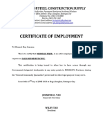 Certificate of Employment: Golden Topsteel Construction Supply