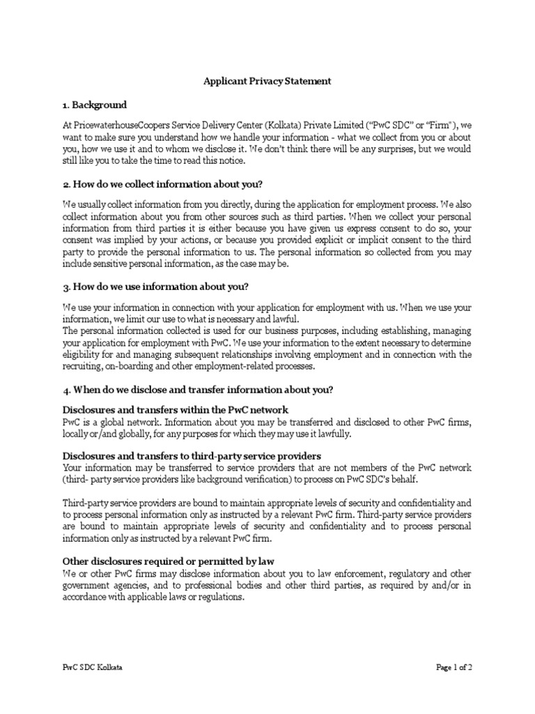 Applicant Privacy Statement - v1.1 | PDF | Pricewaterhouse Coopers ...