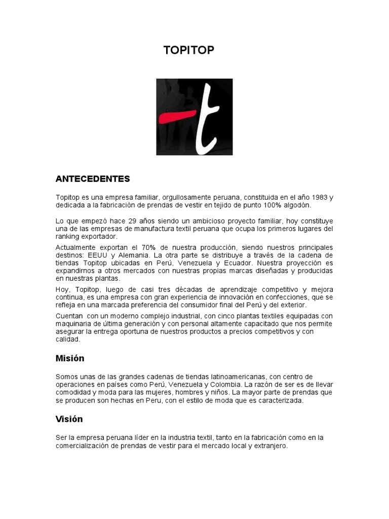 Misión y Visión de Topitop Perú | PDF | Industria textil | Perú