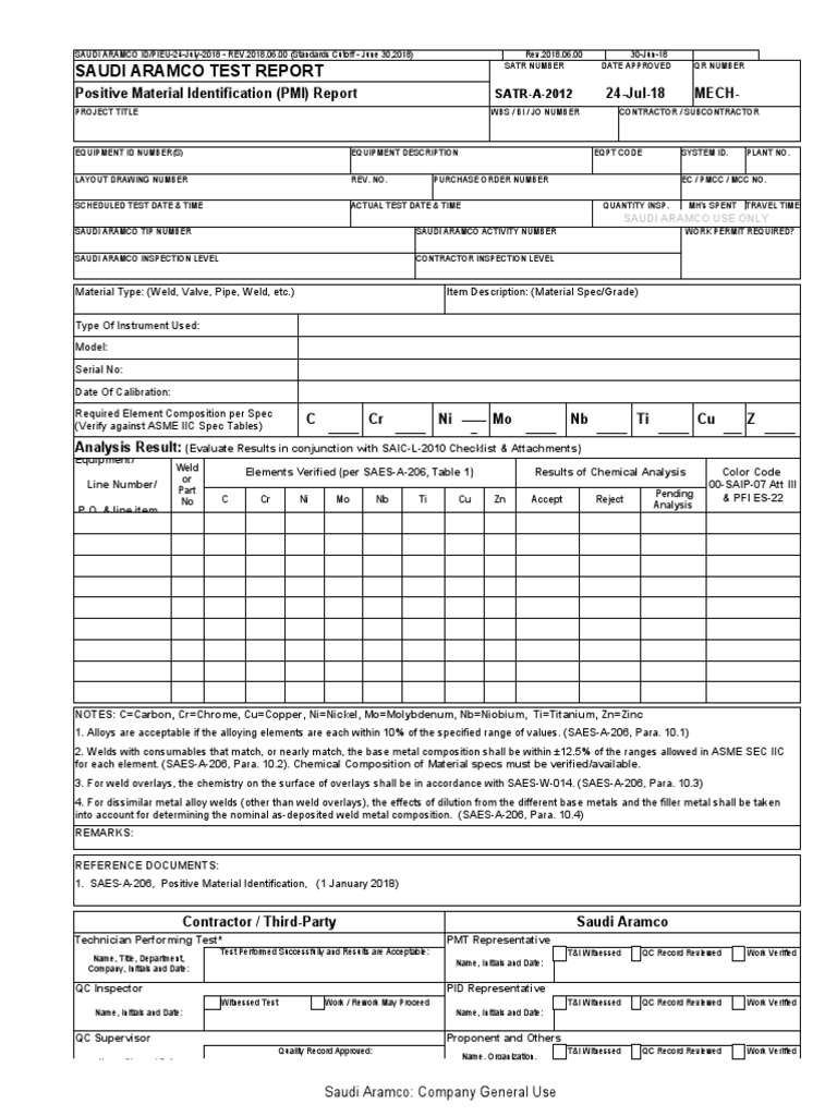 Saudi Aramco Test Report: Positive Material Identification (PMI) Report ...