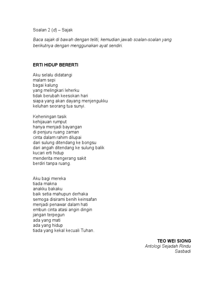Soalan 2 D Sajak Erti Hidup Bererti Pdf