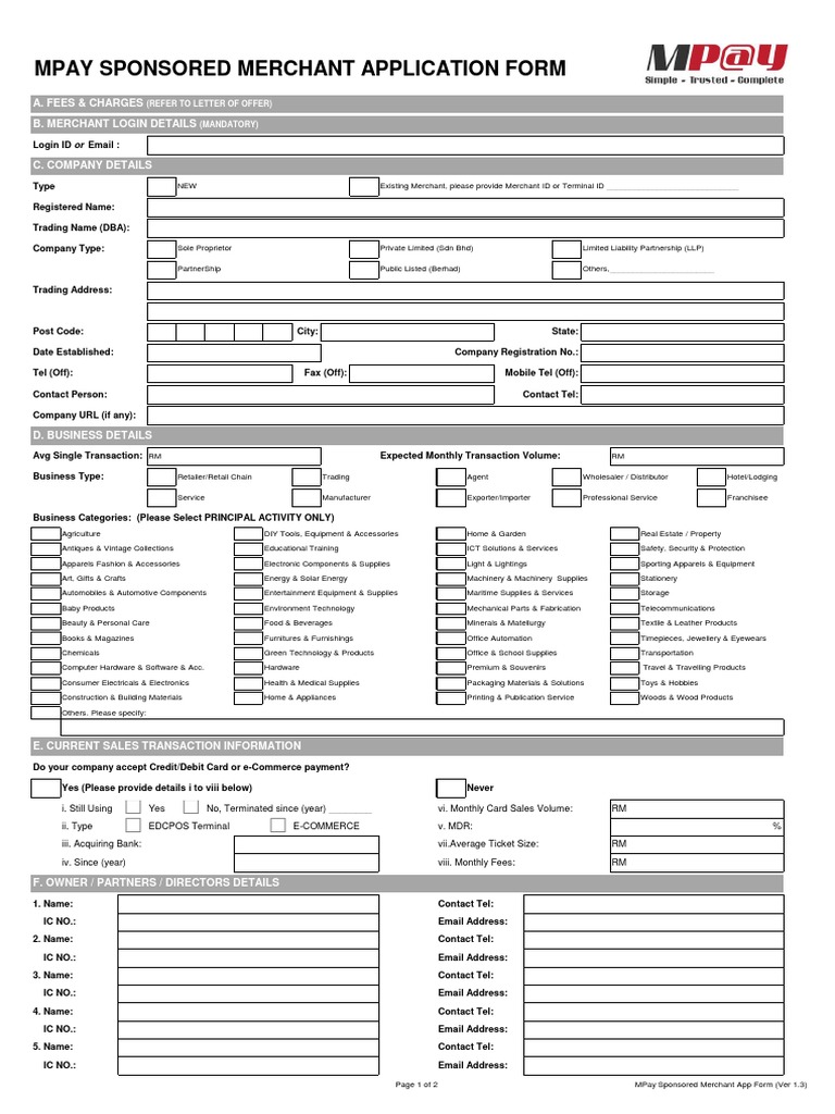 MPay Merchant Application Form | PDF | Debit Card | Services (Economics)
