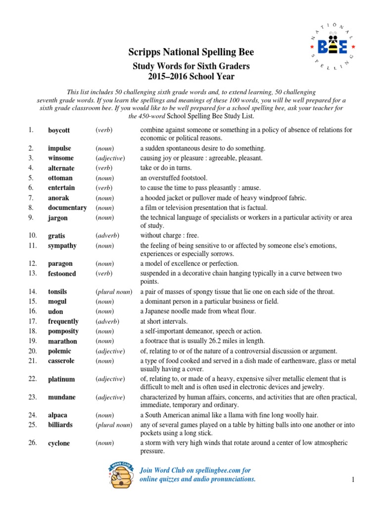 6th Grade Vocab List2015 2016 Pdf Adjective Noun