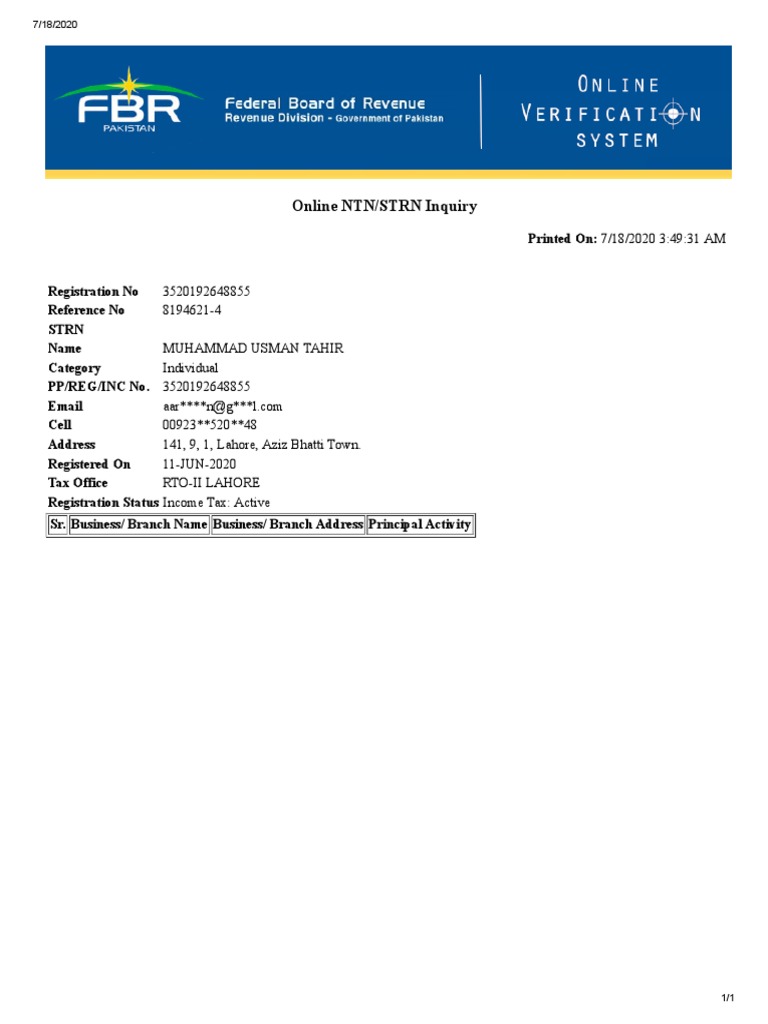 NTN Registration Details for Individuals | PDF