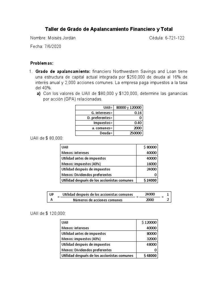 Taller de Apalancamiento Financiero | PDF | Apalancamiento (Finanzas ...