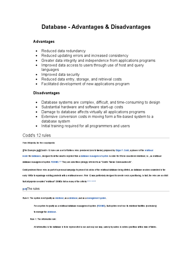 Database - Advantages & Disadvantages: Codd's 12 Rules | PDF ...