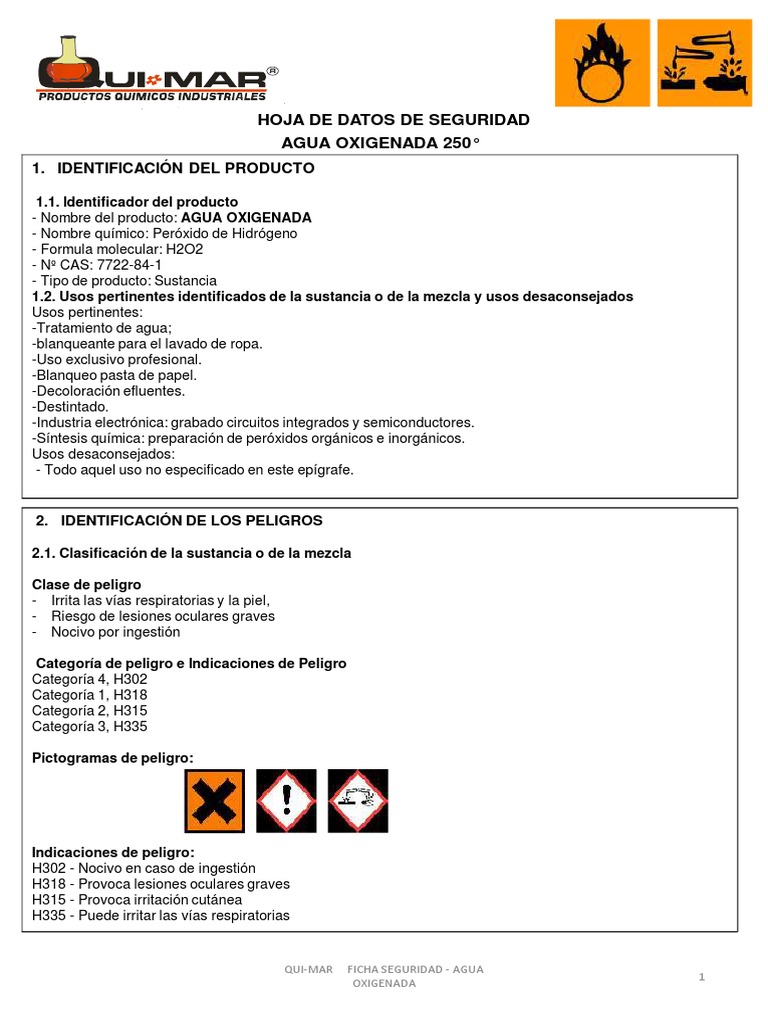 Hoja de Seguridad: Agua Oxigenada H2O2 | PDF | Peróxido de hidrógeno | Agua