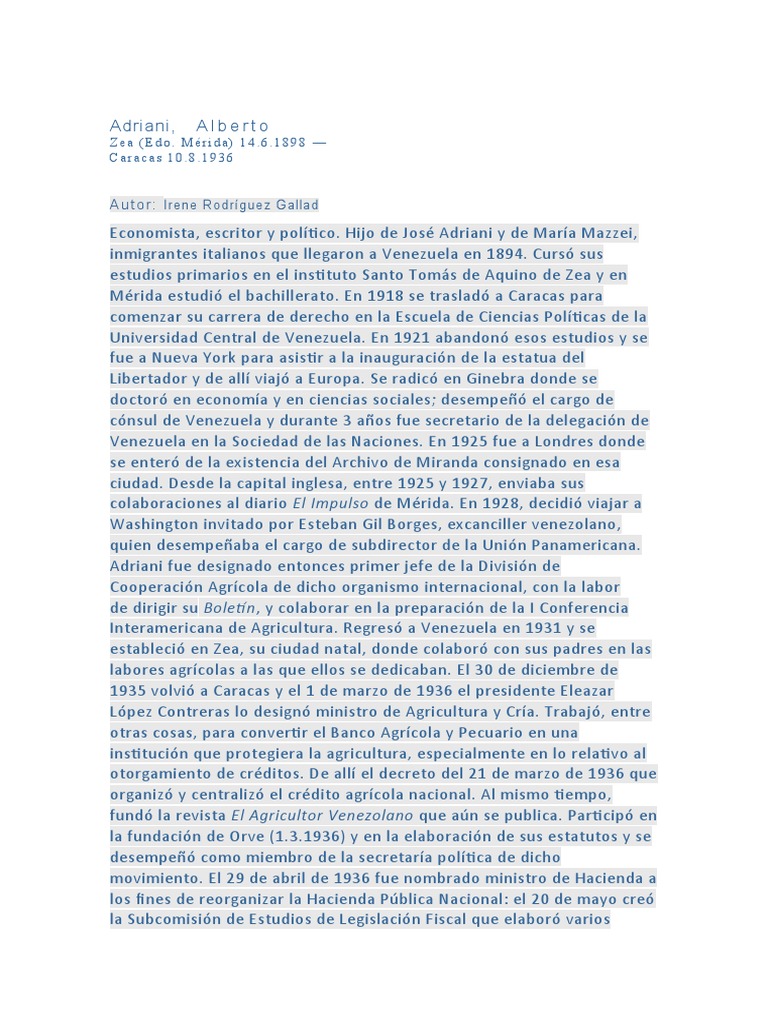 Vida y Legado de Alberto Adriani | PDF | Venezuela | Agricultura