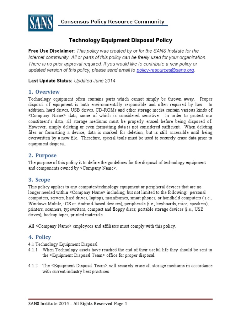 Technology Equipment Disposal Policy | PDF | Computer Data Storage ...