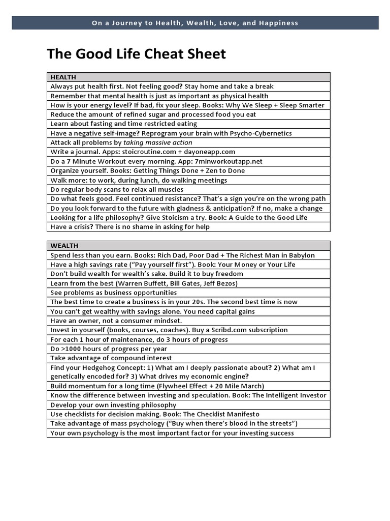 The Good Life Cheat Sheet: Health | PDF | Wealth | Happiness