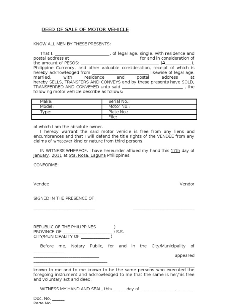 Blank Deed of Sale of Motor Vehicle Template | PDF | Natural Resources Law  | Property