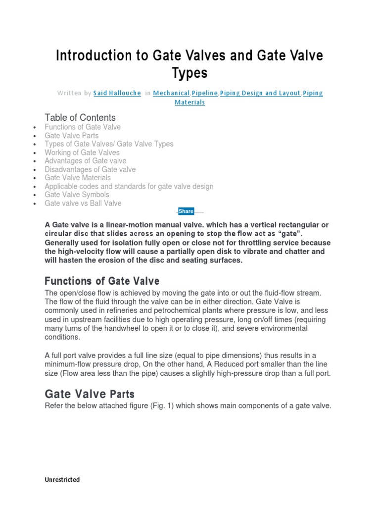 Introduction To Gate Valves and Gate Valve Types PDF Valve Hydraulics