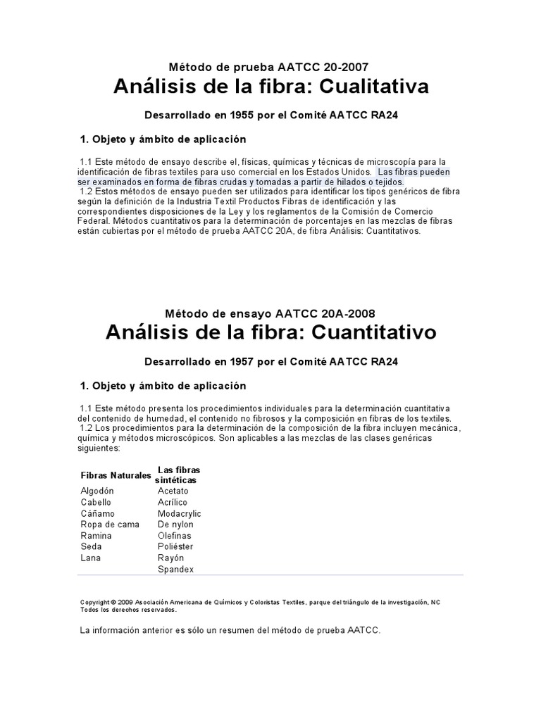 Método de Prueba AATCC 20 PDF Fibras Fibra sintética