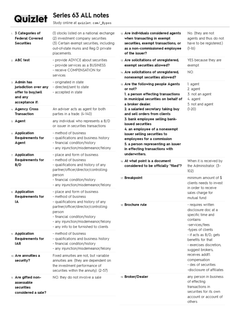Quizlet Series 63 PDF Broker Dealer Securities (Finance)