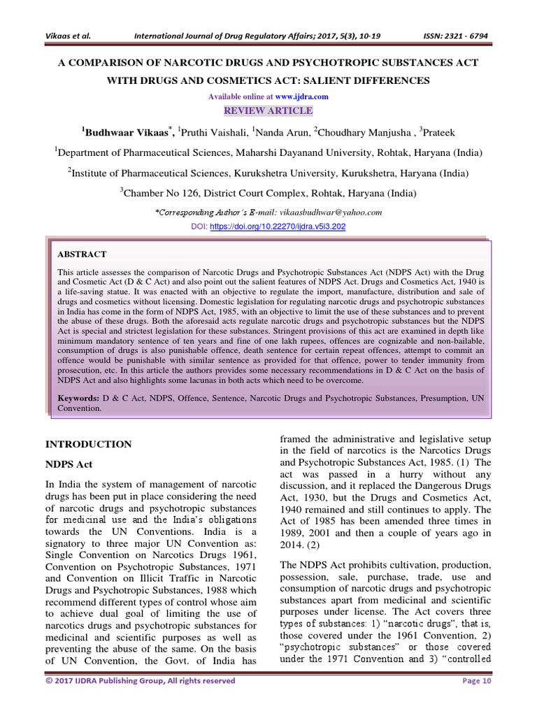 A Comparison of Narcotic Drugs and Psychotropic Substances Act With