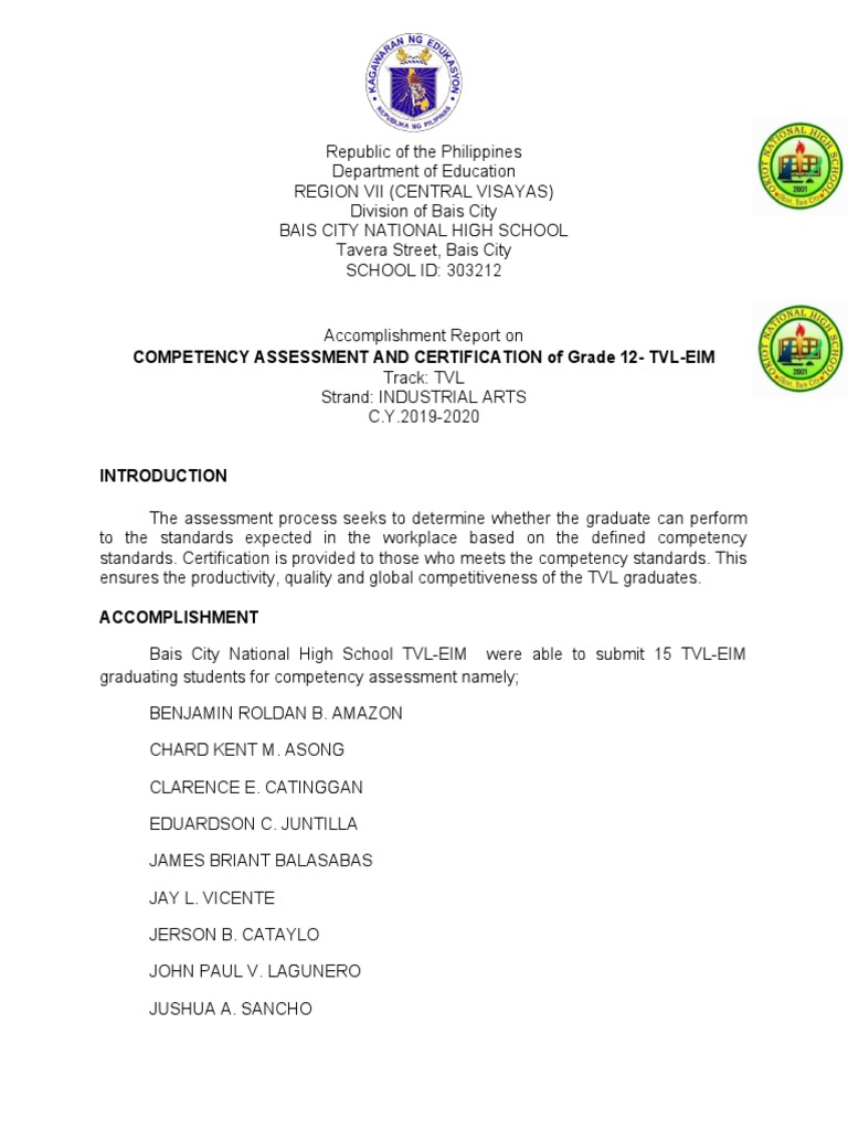 TVL-EIM Competency Assessment Report | PDF | Behavior Modification ...