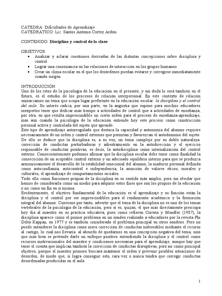 Control y Disciplina en el Aula | PDF | Comportamiento | Disciplinas