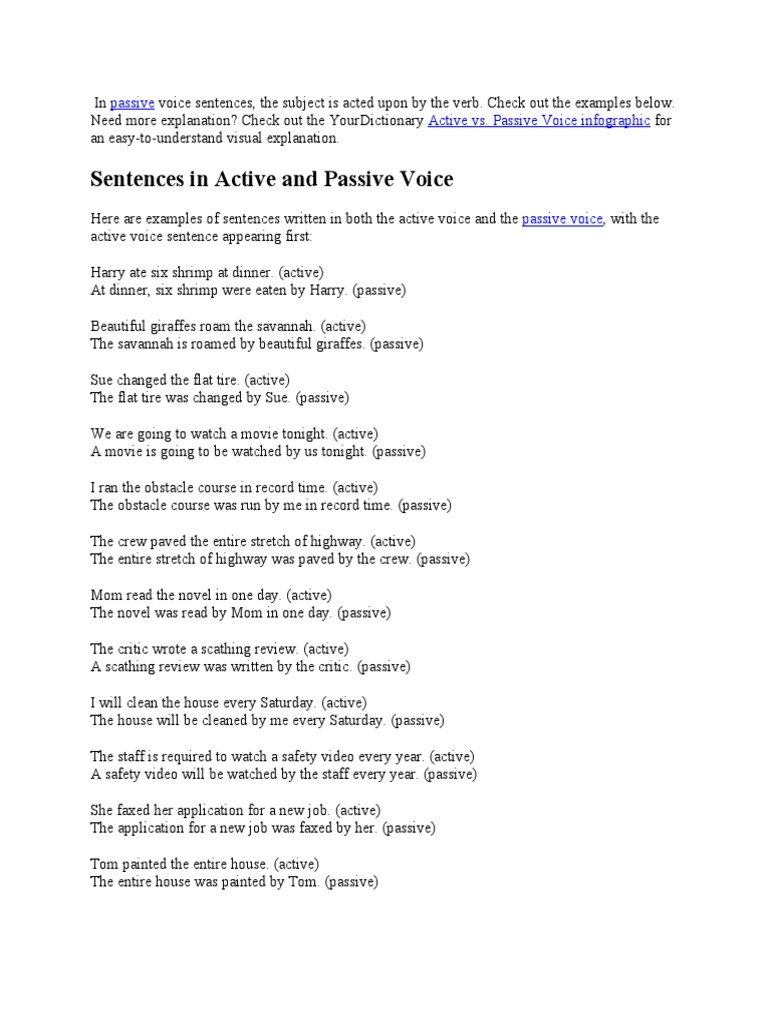 Passive Voice Sentence Examples | PDF | Verb | Object (Grammar)