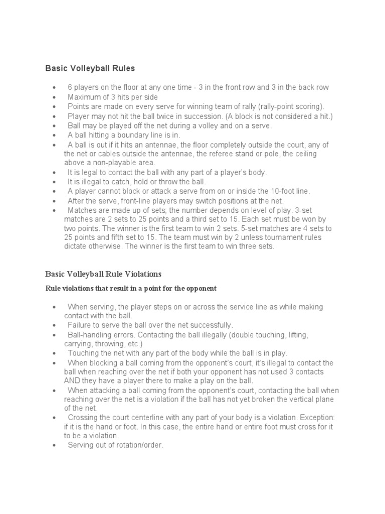 Basic Volleyball Rules Rule Violations That Result in A Point For The