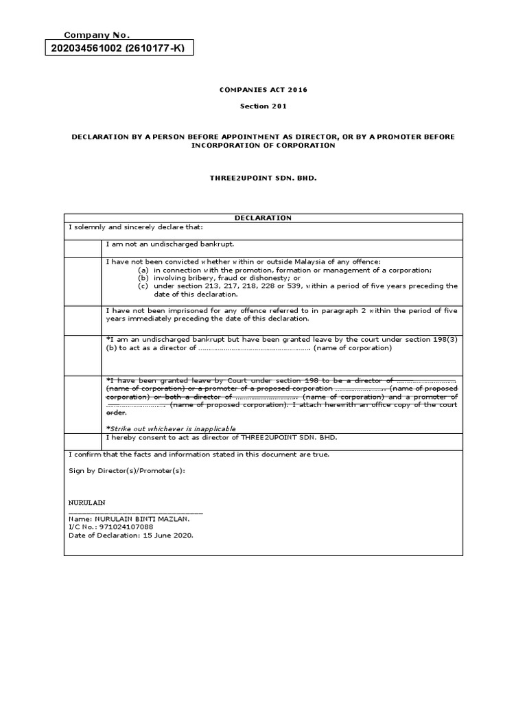 Director Declaration under Companies Act 2016 | PDF | Criminal Justice ...