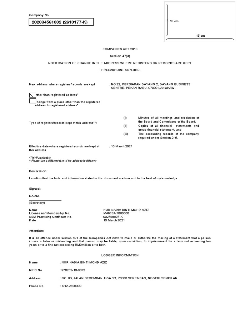 Company No.: Tick If Applicable Please Use A Different Form If The ...