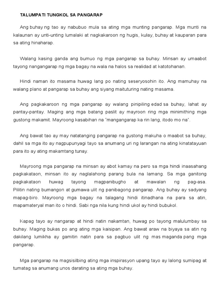 Halimbawa Ng Talumpati Pangarap Angpangae