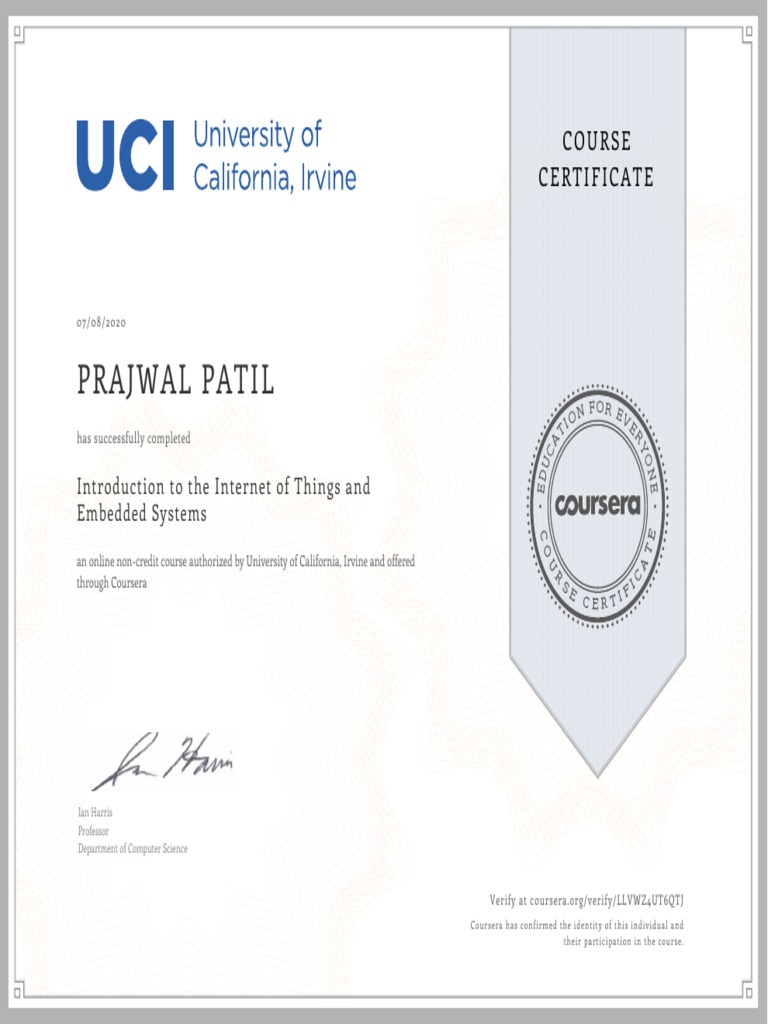 IoT and Embedded Systems Course Certificate | PDF | Cyberspace ...