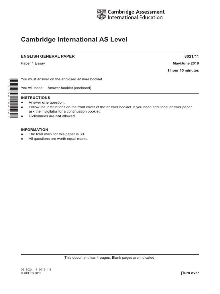 Cambridge International AS Level English General Paper 8021/11 PDF Copyright