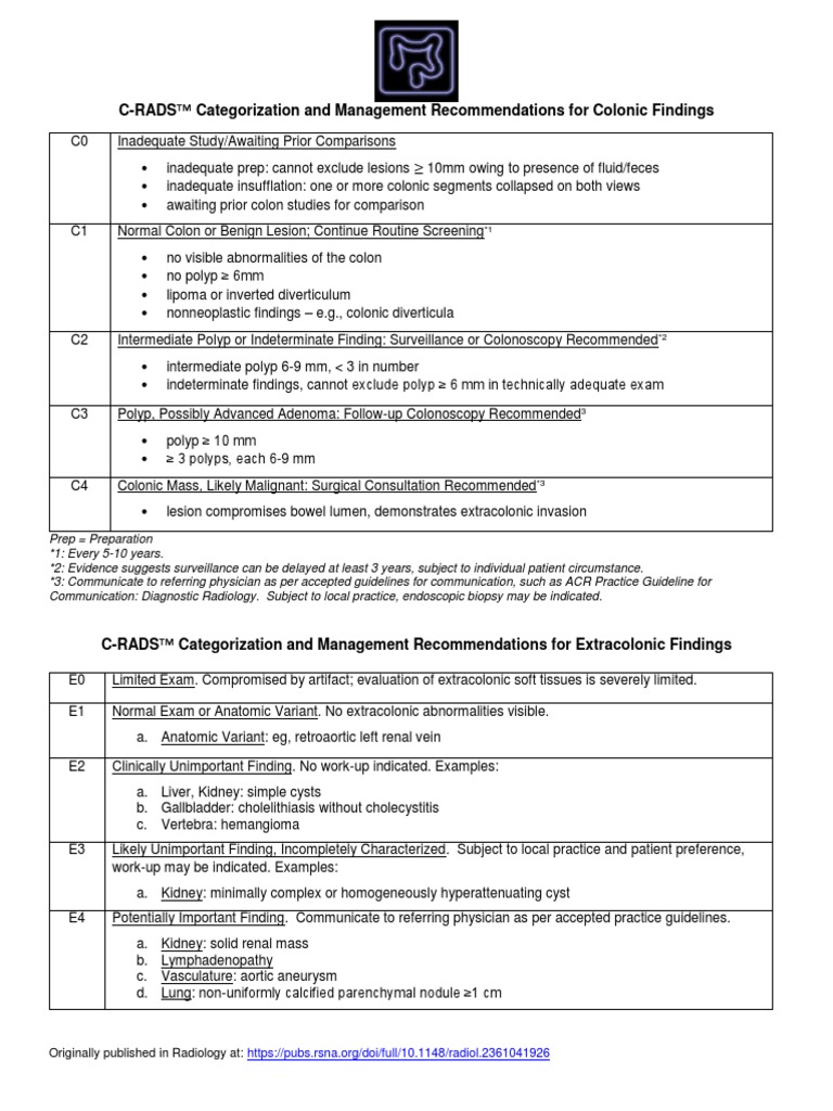 C-RADS Assessment Categories | PDF | Colonoscopy | Large Intestine