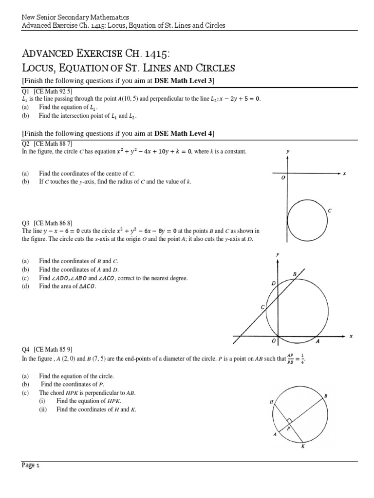 Adv Ex 1415 Equation of ST Line and Circle B | PDF | Circle | Area