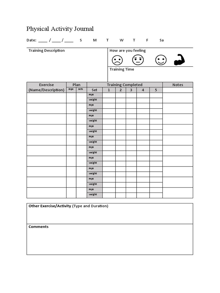 Physical Activity Journal Date / / S M T W T F Sa Training