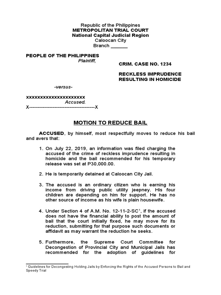 Motion to Reduce Homicide Bail Amount | PDF | Bail | Crime & Violence