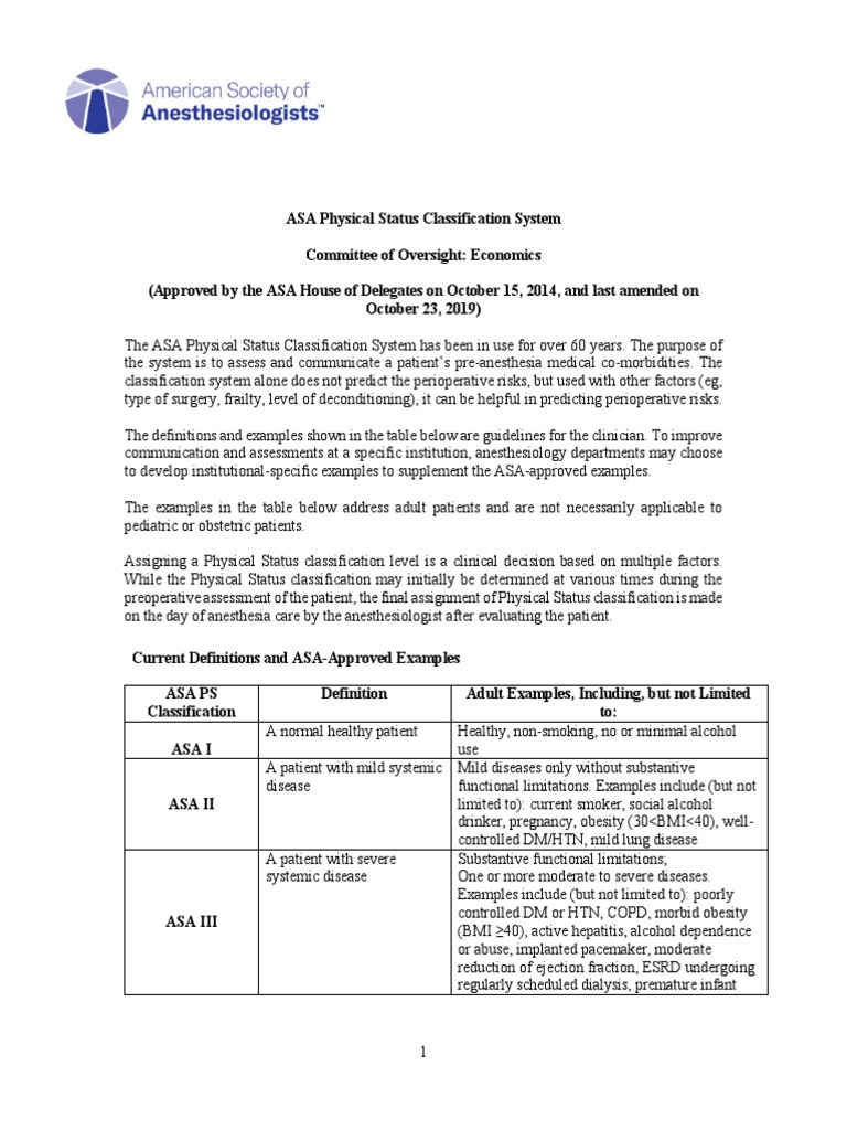 ASA Physical Status Classification Overview | PDF | Medical Specialties ...