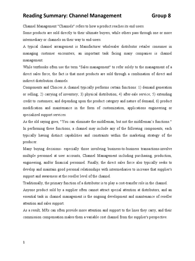 Reading Summary: Channel Management Group 8 | PDF | Marketing ...