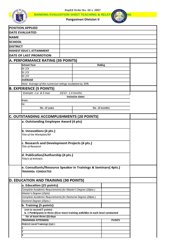 A. Performance Rating (35 Points) : Ranking Evaluation Sheet Teaching ...