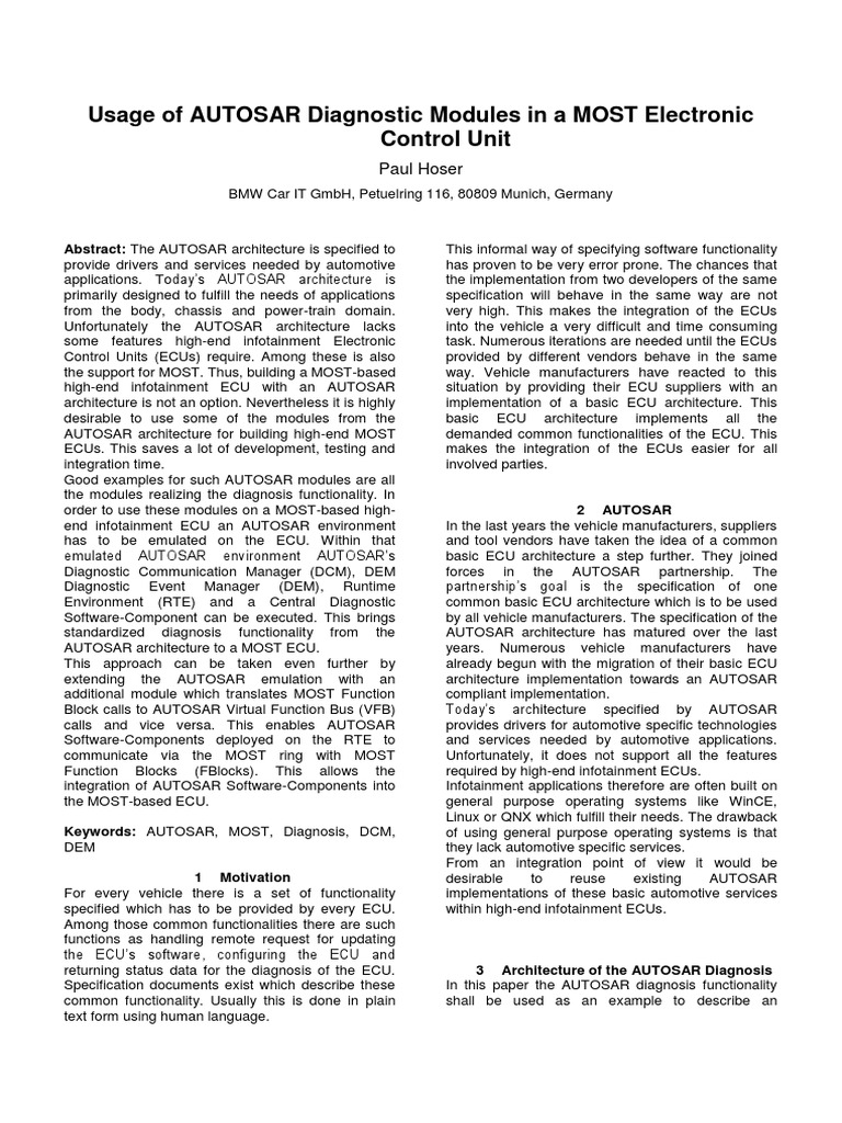 Usage of AUTOSAR Diagnostic Modules in A MOST Electronic Control Unit