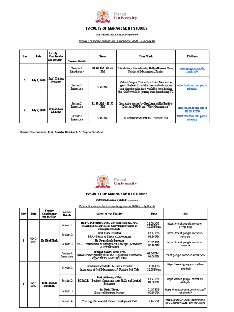 Virtual Freshman Induction Schedule | PDF | Behavior Modification ...