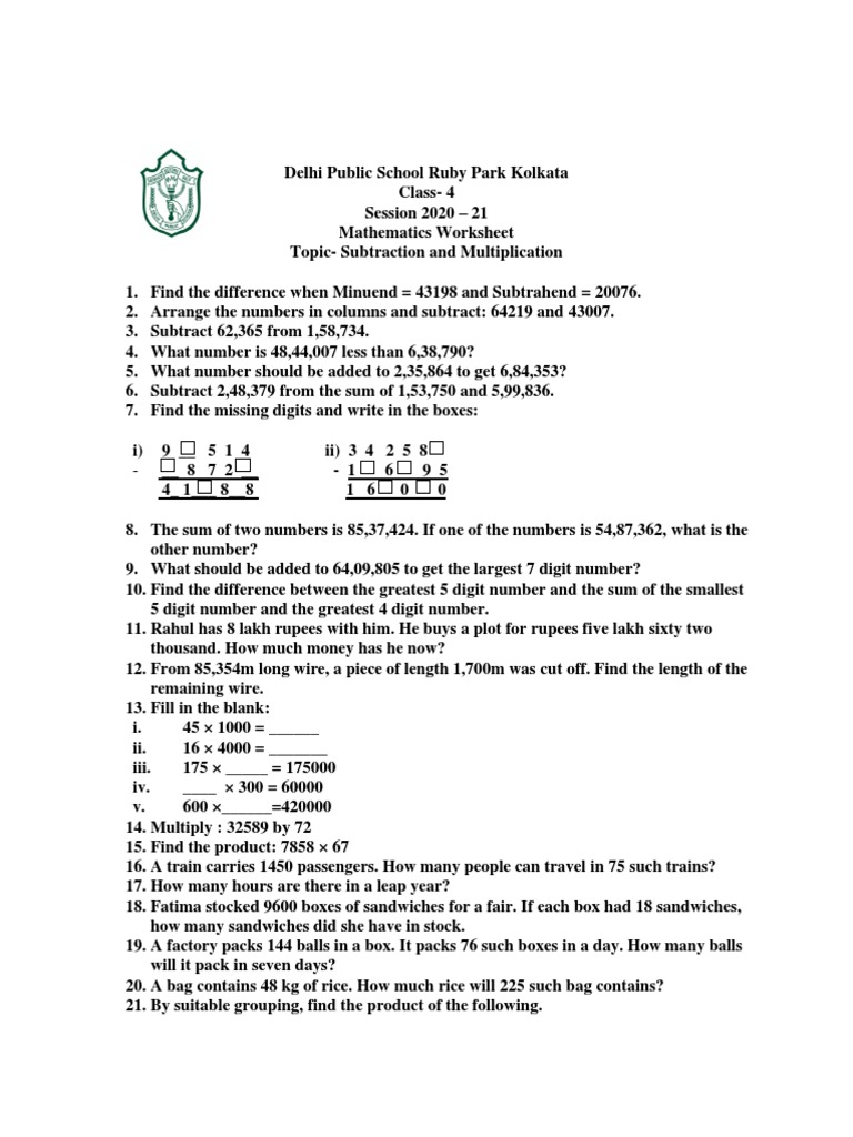 Class 4 Math Worksheet: Subtraction & Multiplication | PDF ...